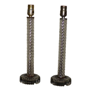 Vintage Pair Art Deco Twisted Glass Column Candlestick Table Lamps For Sale