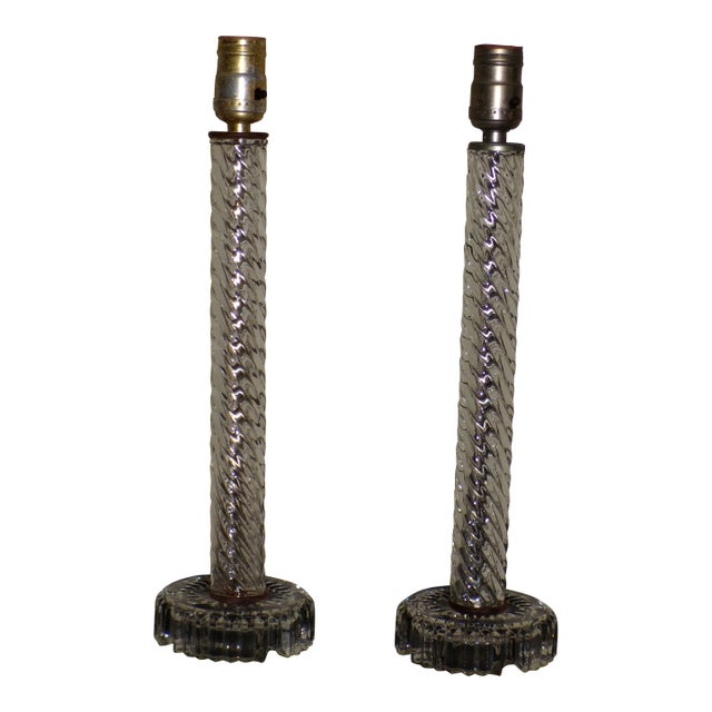 Vintage Pair Art Deco Twisted Glass Column Candlestick Table Lamps For Sale