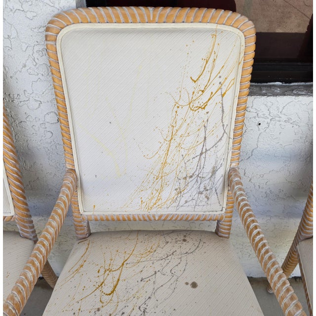 Coastal Carved Faux Rope Solid Wood Dining Chairs Abstract Upholstery Set of 6 For Sale - Image 12 of 18