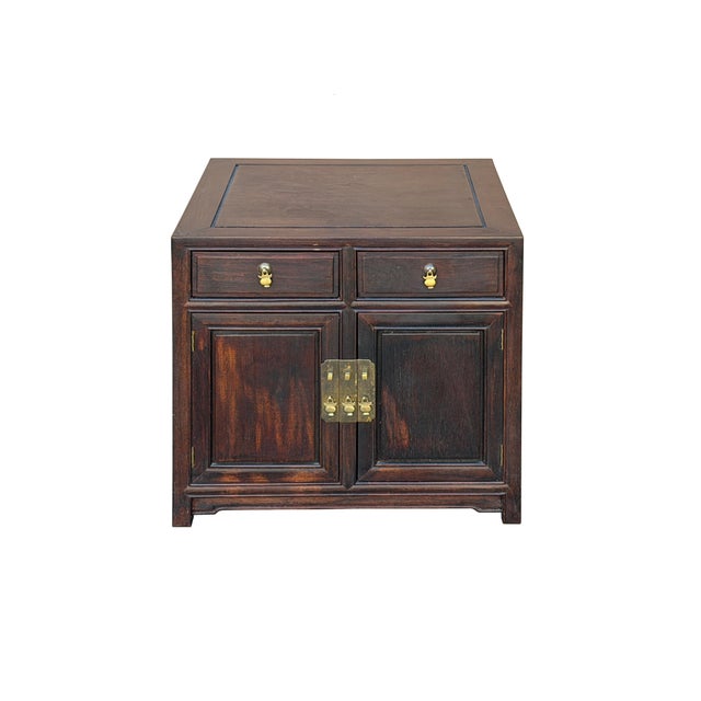 Asian Vintage Brown Wood Patina Deep Wide Side End Table Nightstand Cabinet For Sale - Image 3 of 12