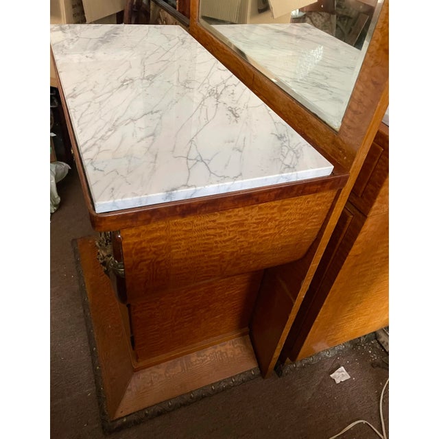 Early 20th Century Art Deco Burled Veneer Marble Top Ormolu Stand W/Tall Mirror Cabinet & Drawers For Sale - Image 9 of 12