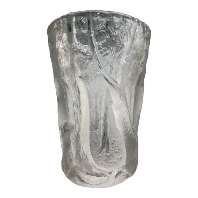 1950s Art Deco Style Moulded and Frosted Glass Vase With Forest Scene For Sale