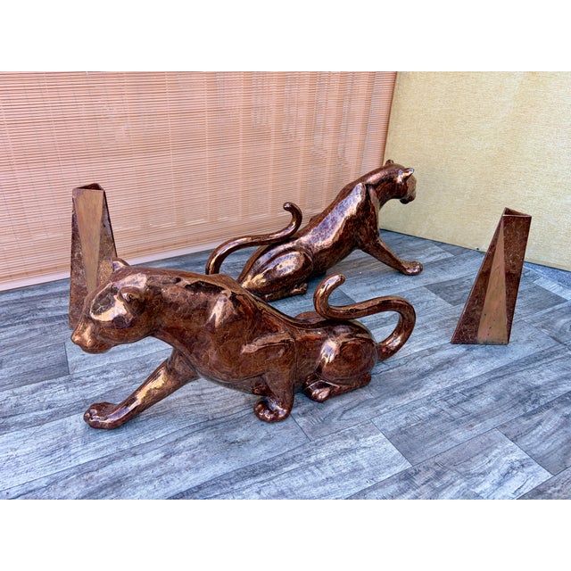 Bronze Hollywood Regency Mottled Bronze Ceramic Panthers Pedestal Coffee Table. Circa 1970s For Sale - Image 8 of 15