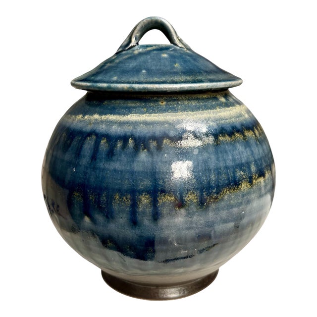 Late 20th Century Brad Tucker Studio Pottery Lidded Jar Vase Blue Glaze Handmade Stoneware Art For Sale
