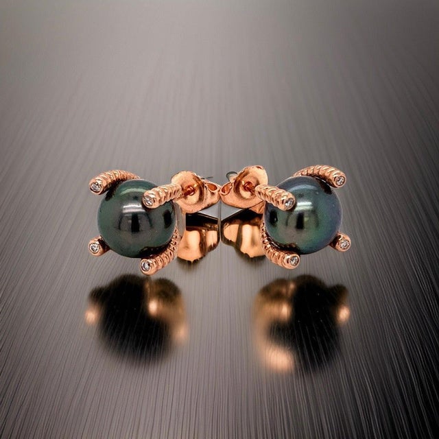 Diamond Large Tahitian Pearl Earrings 14k Rose Gold Certified For Sale - Image 9 of 14