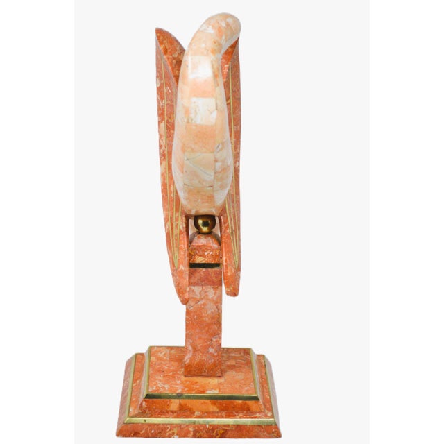 Maitland-Smith Style Tessellated Stone Brass Perched Bird Sculpture. Beautiful salmon color perched bird on square bass...