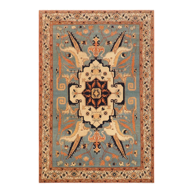 Southwestern Heriz Ziegler Blue Beige Hand-Knotted Rug - 9'4'' X 11'7'' For Sale