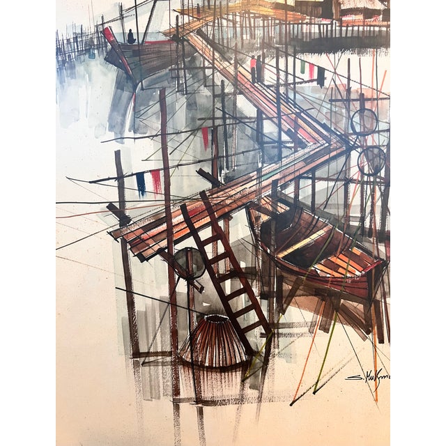 1960s Mid-Century Modern Thai Fishing Village Original Watercolor Painting by Sanga Mukmanee - Framed For Sale - Image 12 of 15