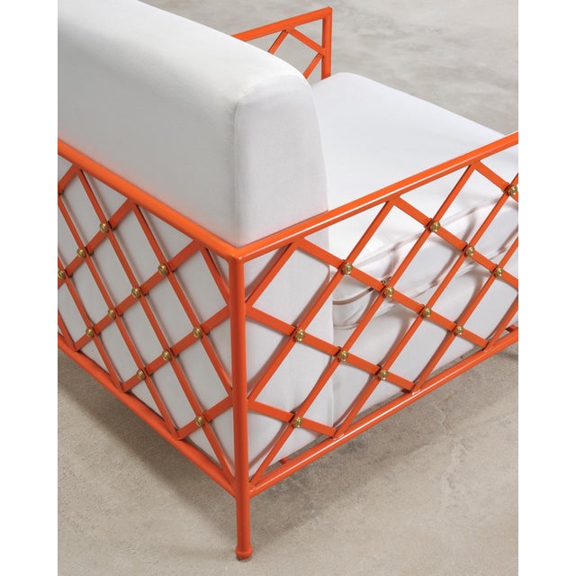 Pair of French Maison Jean Orange Iron Lattice Lounge Chairs For Sale - Image 13 of 18