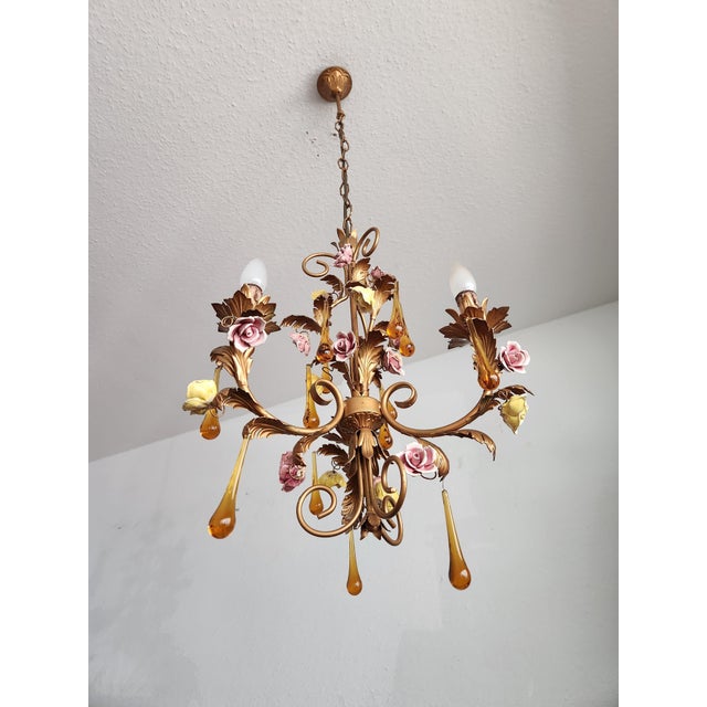 Vintage Venetian Three-Light Chandelier with Murano Glass Drops, 1960s For Sale - Image 4 of 18