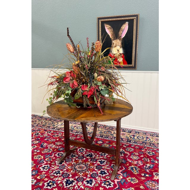 Brown Antique French Vendage Round Flip Top Gateleg Wine Table Oak Trestle Feet c.19th For Sale - Image 8 of 18