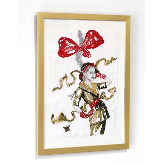 Figurative Red Bow II - Original High Fashion Couture Watercolor on Paper in Gold Frame by Carlos Gamez De Francisco For Sale - Image 3 of 8