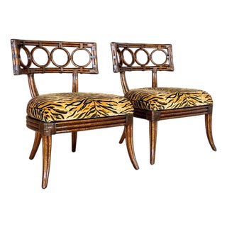 Tommy Bahama Ring Back Rattan Slipper Chairs in Scalamandre Tigre – Pair For Sale