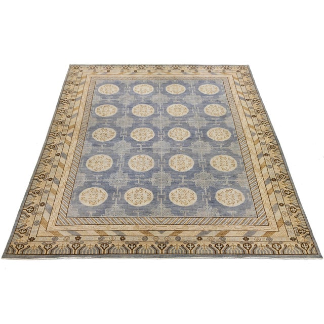 Modern Hand-Knotted Modern Khotan Wool Rug Muted Blue and Sand Medallion Pattern For Sale - Image 3 of 11