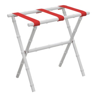 White Wood Bamboo Inspired Luggage Rack with 3 Red Nylon Straps For Sale