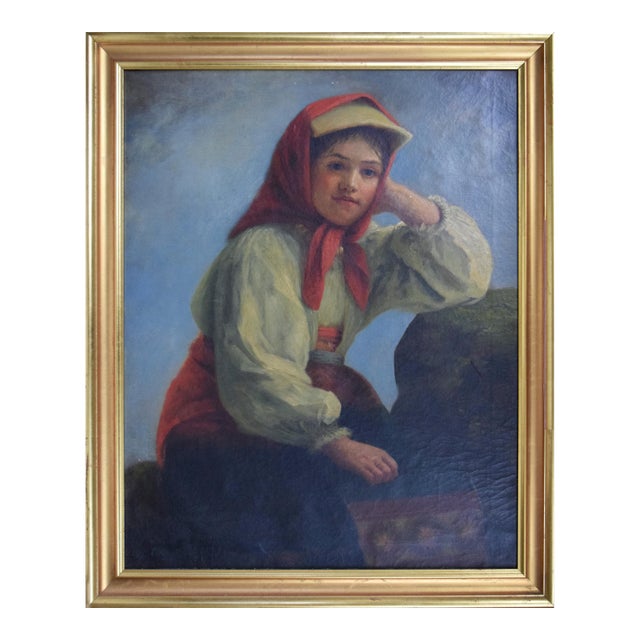 Large 19th C Oil Painting Portrait of Young Italian or Eastern European Girl in Traditional Dress For Sale