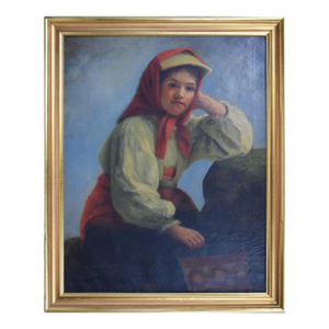 Large 19th C Oil Painting Portrait of Young Italian or Eastern European Girl in Traditional Dress