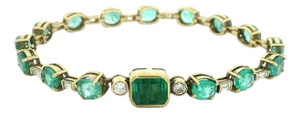 1990s 18k Yellow Gold Colombian Emerald and Diamond Line Bracelet, 7.5 Inches