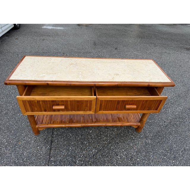 Vintage Huge Bamboo Console Table With Stone Top For Sale In West Palm - Image 6 of 7