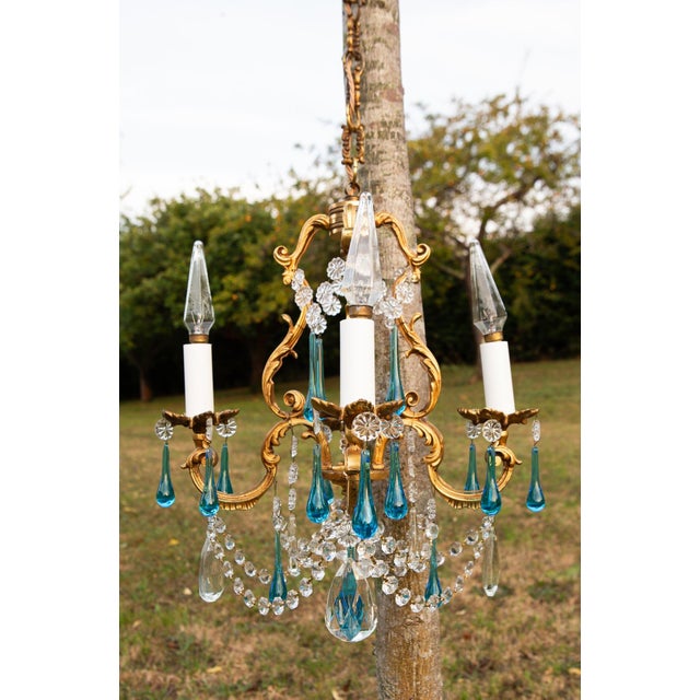 Antique French Chandelier in Bronze Drops Murano Blue, 1950 For Sale - Image 11 of 12