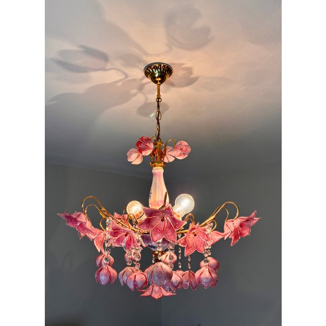 Vintage Murano Style Large Chandelier, Pink Floral Chandelier, Bouquet Style Ceiling Light, 4-Light Flush Mount For Sale - Image 10 of 16