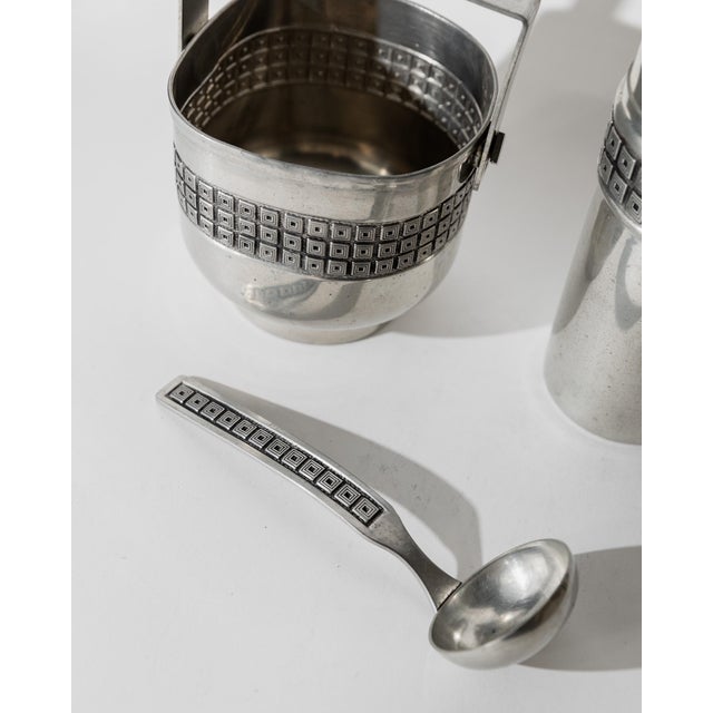 Vintage Art Deco Style Pewter Cocktail Shaker with Strainer Lid and Ice Bucket with Scoop, Set of 3 For Sale - Image 10 of 13