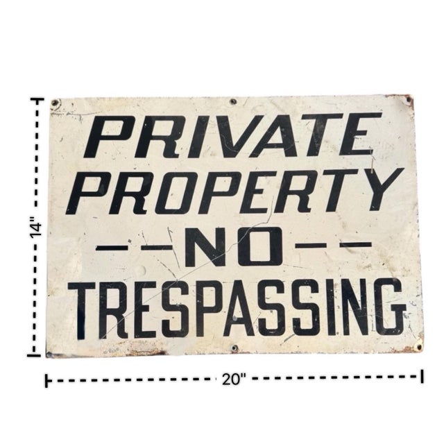20”x14” Vintage ‘Private Property - No Trespassing’ Industrial Porcelain Enamel Sign | c.1940 For Sale - Image 4 of 5