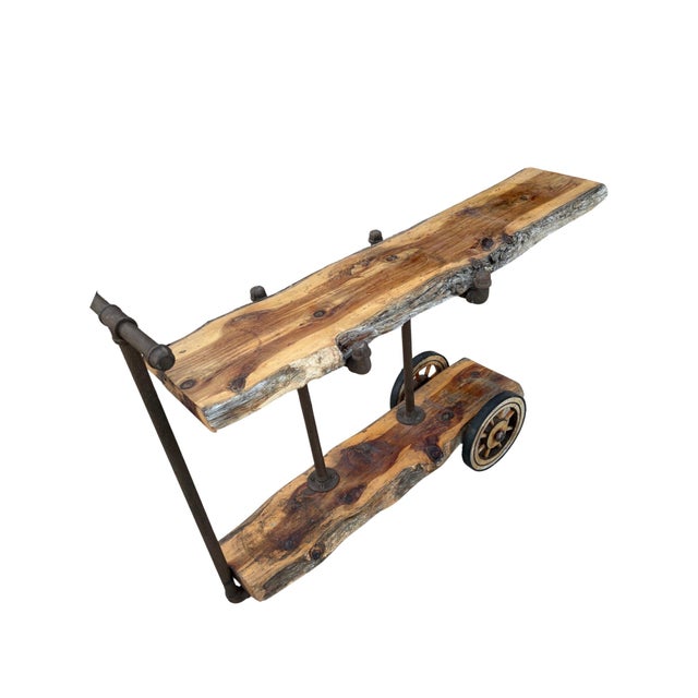 1990s Handcrafted Raw Edge Cedar Wood Industrial Cart For Sale - Image 9 of 11