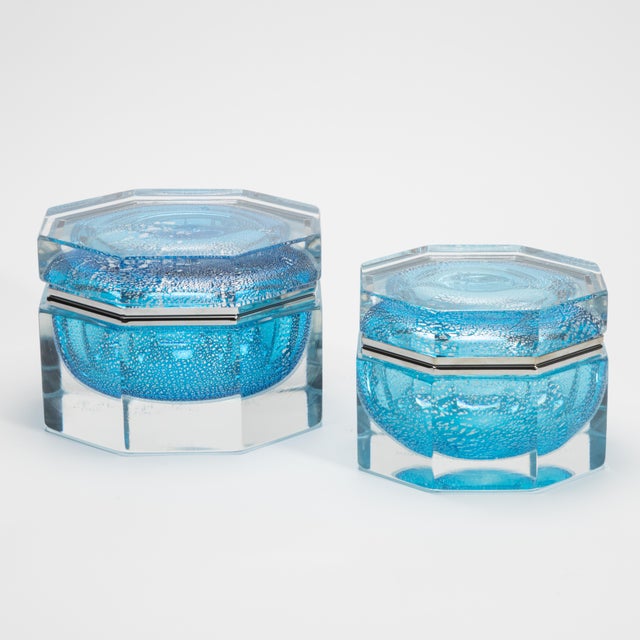 Aqua Hand-Blown Murano Box in Aqua Blue With Silver Flecks and Chrome Fittings For Sale - Image 8 of 8
