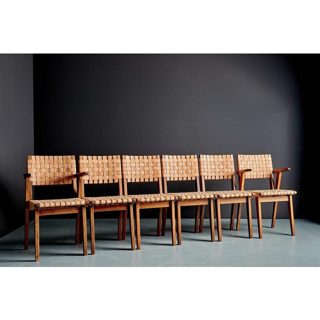 Oak Webbed Chairs in Leather Webbing attributed to Jens Risom, France, 1950s, Set of 10 For Sale - Image 3 of 18