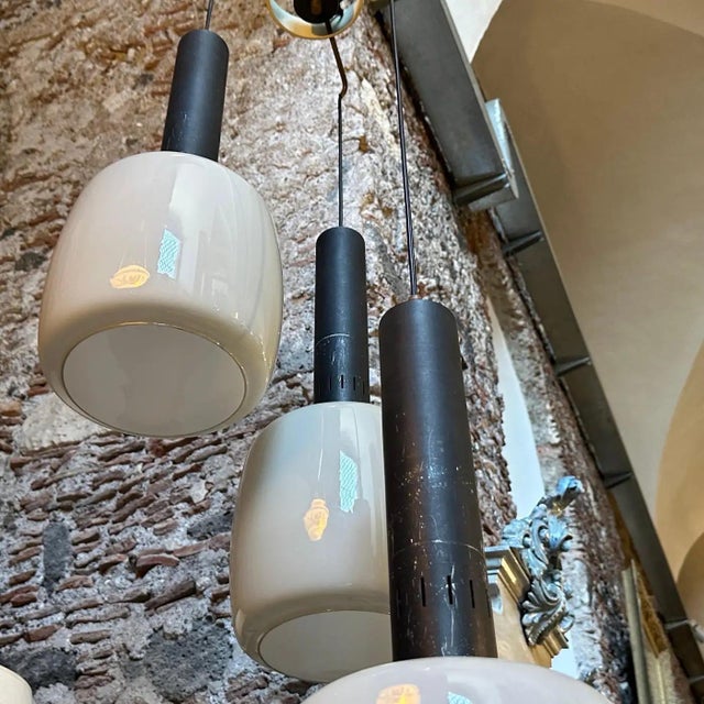 1960s Stilnovo Attributed Mid-Century Modern Gray Opaline Italian Chandelier For Sale - Image 12 of 13