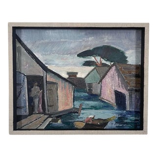 Mid Century Swedish Modernist Harbour Oil Painting by Tor Andersson For Sale