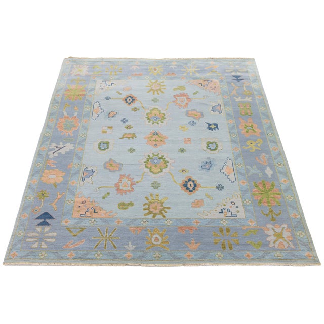 Blush Modern Oushak Style Hand-Knotted Wool Rug in Ice Blue, Blush & Sage For Sale - Image 8 of 12