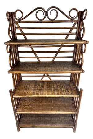 McGuire Style Mid 20th Century Bamboo Étagère With Woven Shelves and Scrollwork
