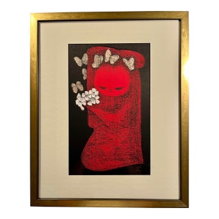 Mid-Century Modern Kaoru Kawano 河野薫 1926-89 Original Woodblock Print "Girl W Flowers & Butterflies" For Sale