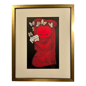 Mid-Century Modern Kaoru Kawano 河野薫 1926-89 Original Woodblock Print "Girl W Flowers & Butterflies"
