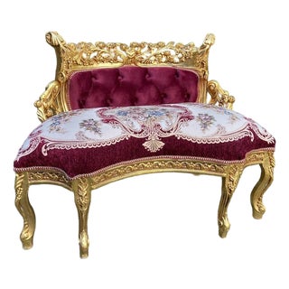 Late 20th C French Louis XVI Gold Beech Red Velvet Settee For Sale