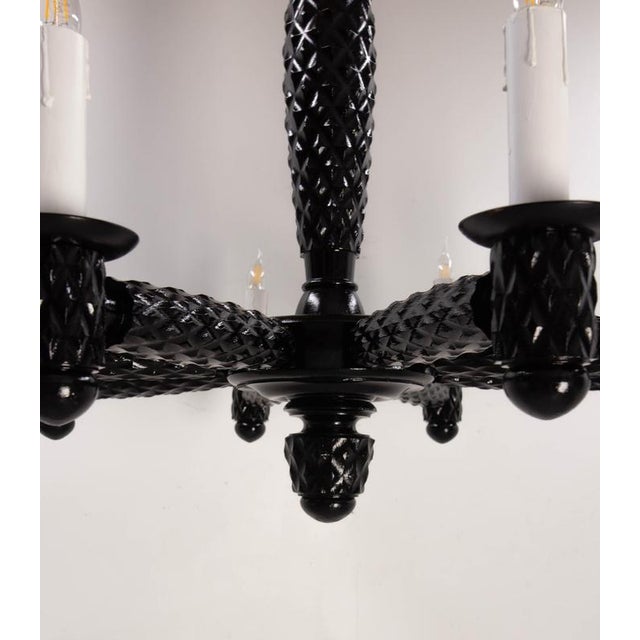 Black French Black Lacquered Wood Chandelier with Eight Lamps, 1940 For Sale - Image 8 of 13