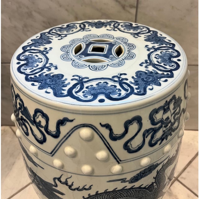 Ceramic Mid 20th Century Blue & White Chinese Dragon Garden Stool Side Tables - A Pair For Sale - Image 7 of 15
