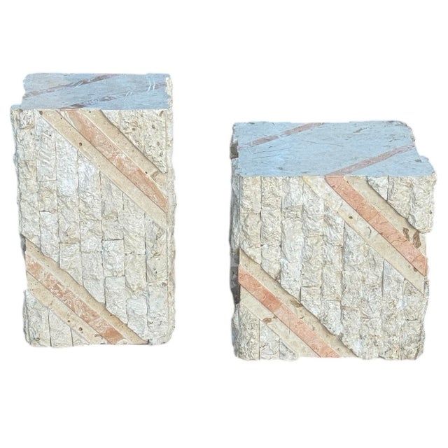 Beige Postmodern Tessellated Pink Marble and Beige Stone Pedestal Set For Sale - Image 8 of 9