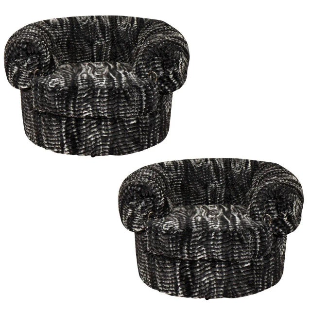 Extremely Comfortable High Style Pair of Club Chairs, Upholstered in a Fantastic Faux Chinchilla Print Fur. Accented with...