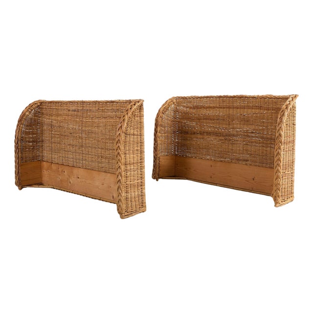 Pair of Organic Modern Woven Rattan Wicker Wingback Headboards For Sale