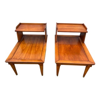 Pair Mid Century Style Brass Mounted Fruitwood Step Back End Tables. For Sale