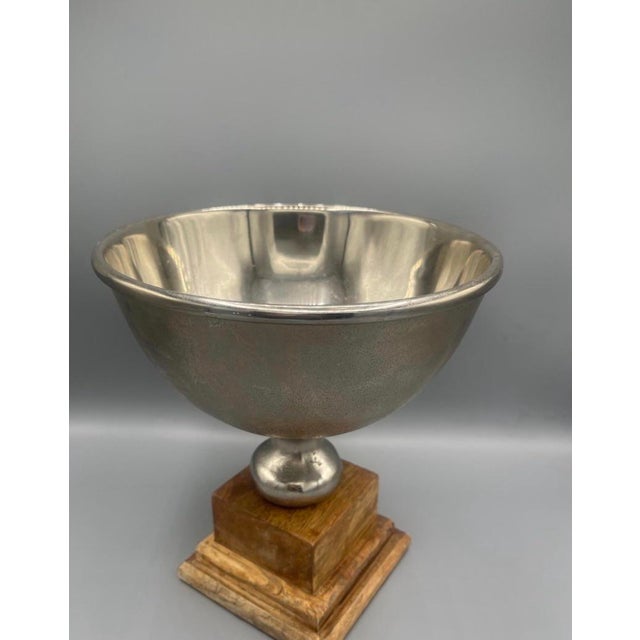 Traditional Silver-Tone Metal Pedestal Bowl on Carved Wood Base For Sale - Image 3 of 4