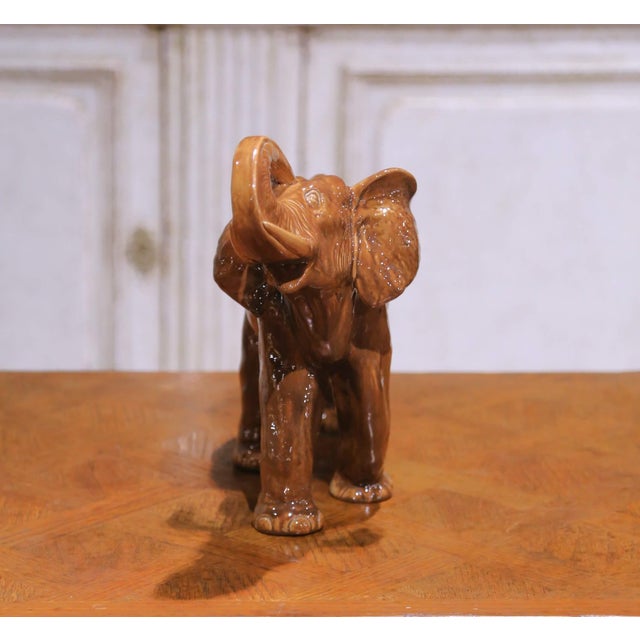 Italian Mid-Century Italian Glazed Ceramic Elephant Sculpture With Raised Trunk For Sale - Image 3 of 8