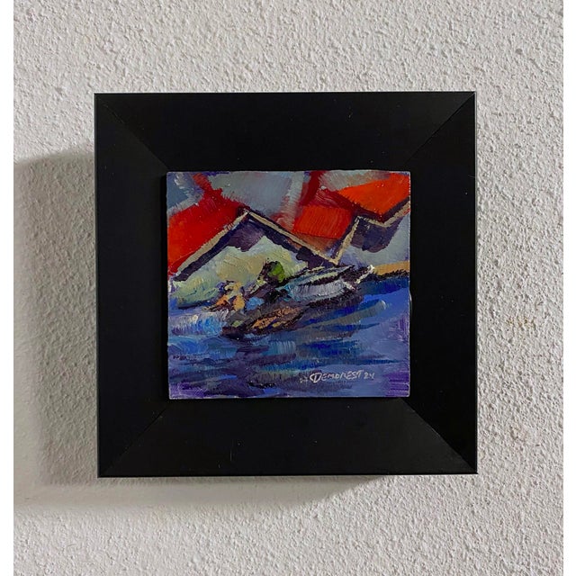 This oil on panel artwork captures a dynamic scene of mallards gliding across shimmering water, with vibrant brushstrokes...