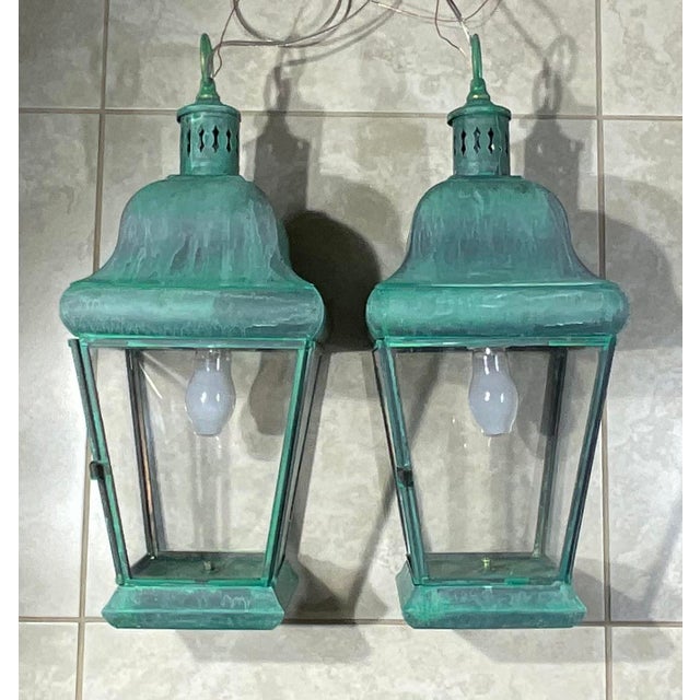 1970s Pair of Vintage Solid Brass Hanging Lanterns. 20”.5 H X 8”.5w X 8”.5 W For Sale - Image 5 of 17