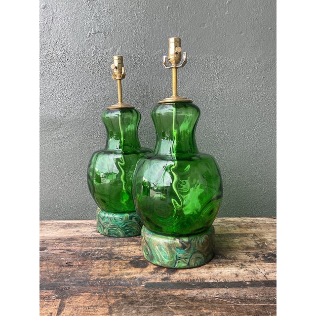 Vintage Hand Painted Malachite Plinth Glass Lamps - A Pair For Sale - Image 12 of 12