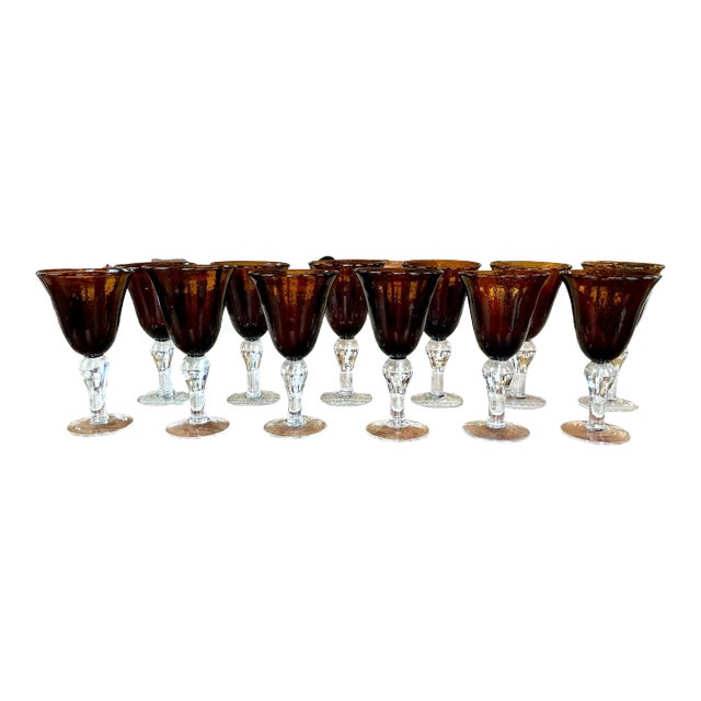 Large 1970s Hand Blown Glass Tortoise Amber Stemmed Goblets- Set of 12 For Sale