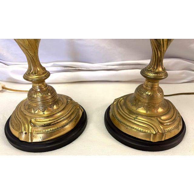 Antique French Art Nouveau Embossed Brass Candlestick Lamps- A Pair For Sale - Image 10 of 18